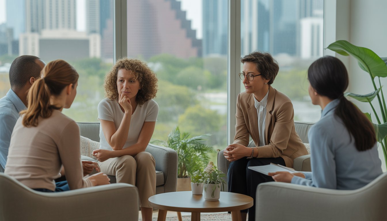 A therapist and a client having a supportive conversation in a bright, comfortable office with a view of Austin city outside the window.