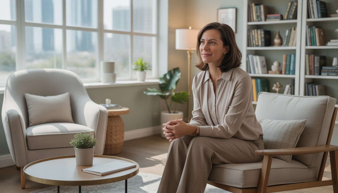 A therapist sitting in a bright, comfortable office with bookshelves and a window showing a city view.