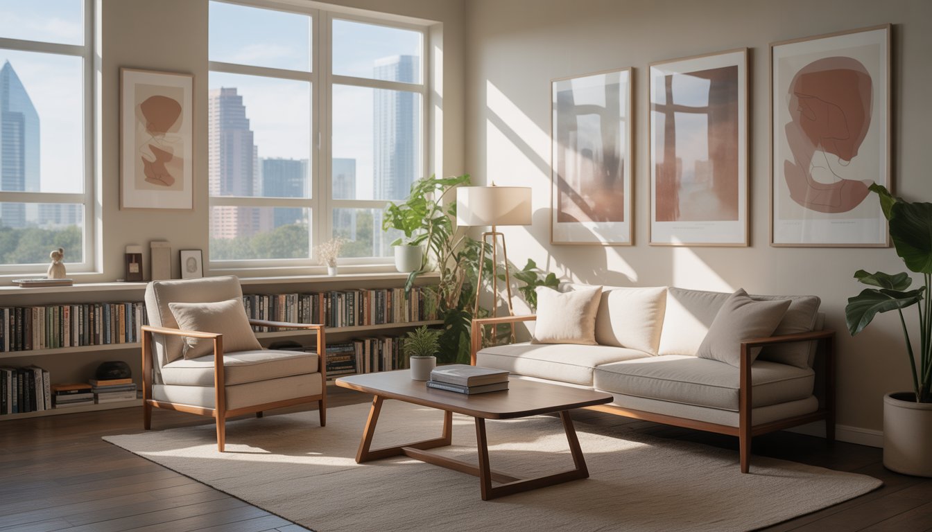 A calm therapy office with comfortable seating, soft natural light, and a view of Austin's skyline through large windows.