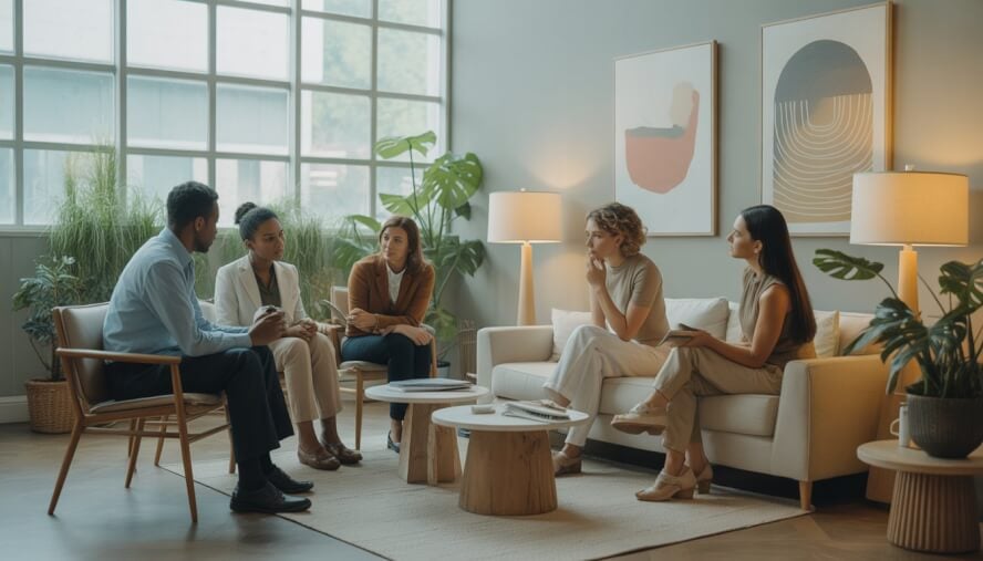 Therapists talking with a client in a bright, comfortable therapy office with plants and natural light.