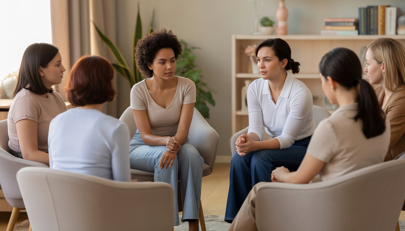 A group of women sitting in a circle in a cozy room, engaged in a supportive therapy session led by a female therapist.