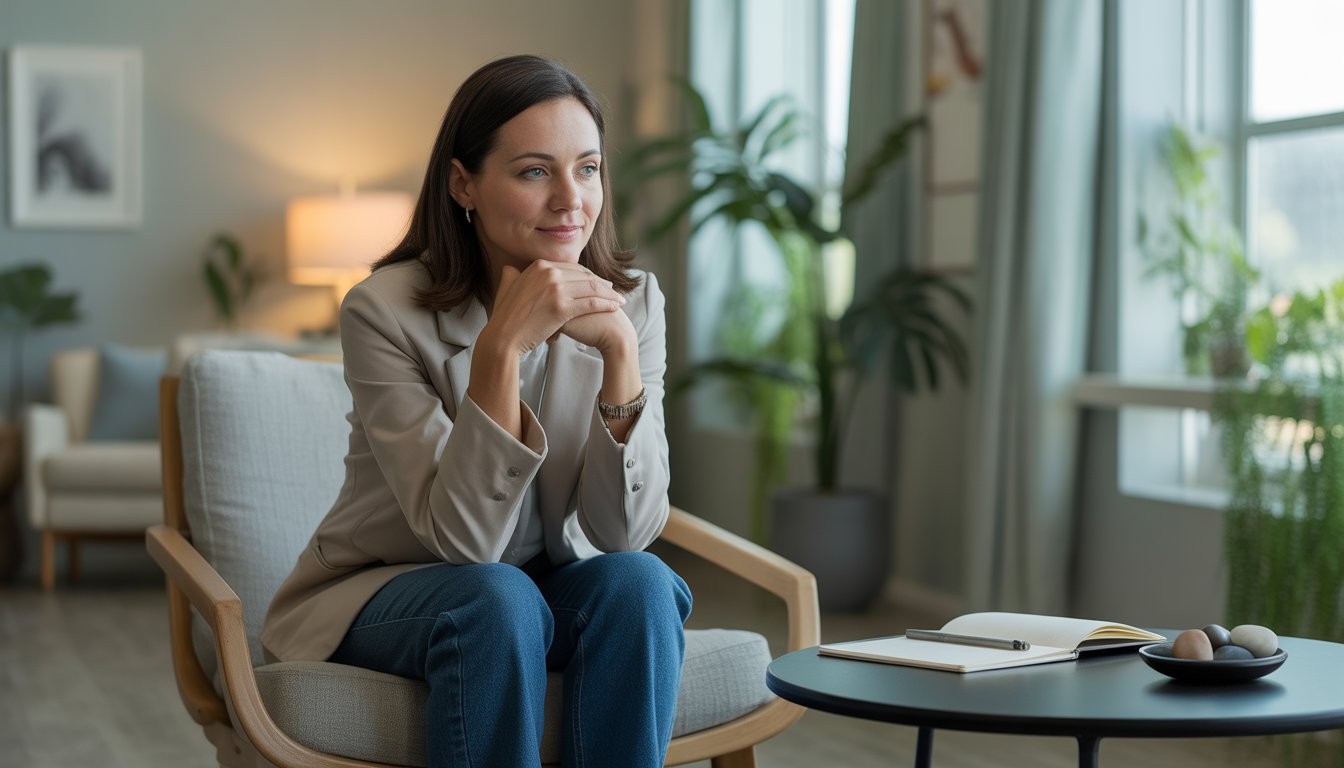 A female therapist sitting in a comfortable chair in a bright, cozy therapy office with plants and soft natural light.