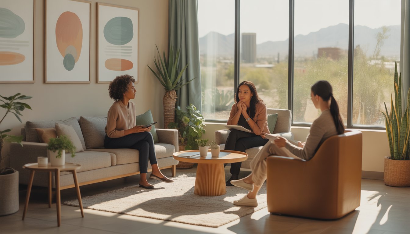 A therapy session in a bright, modern office with two therapists and one client having a supportive conversation.
