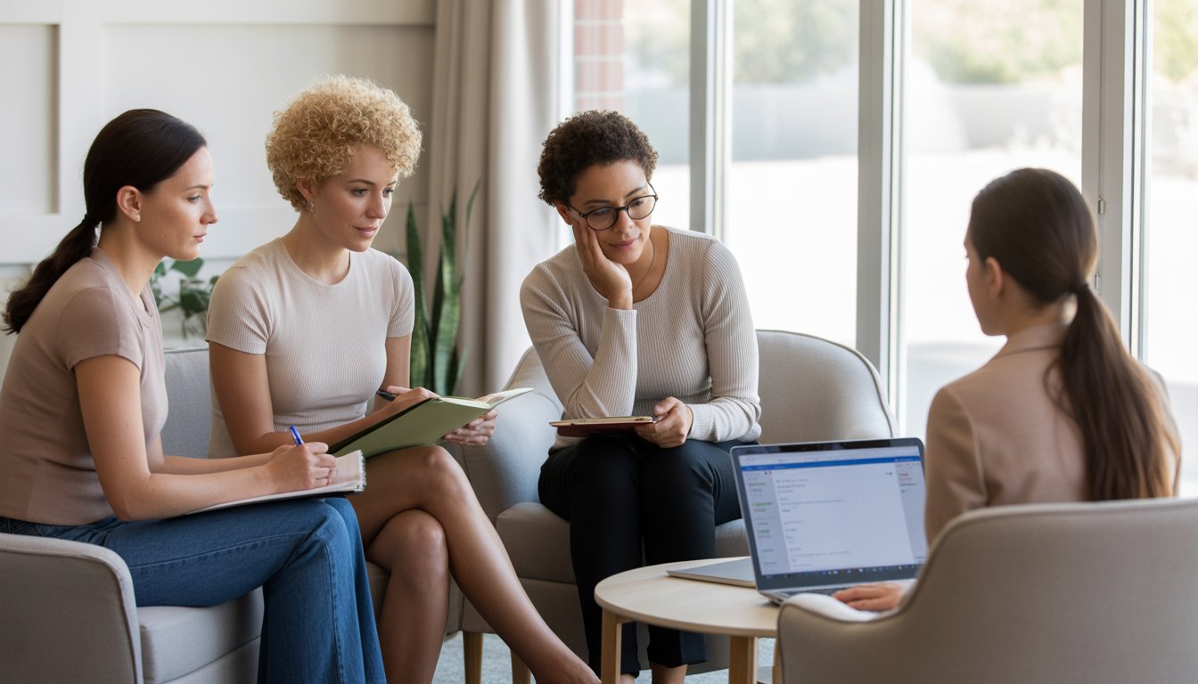 A group of diverse women participating in a supportive therapy session in a bright room, with a female therapist providing online counseling on a laptop nearby.