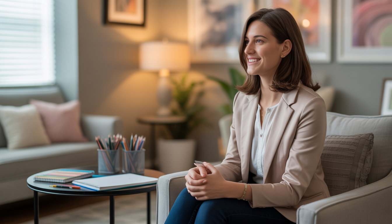 A female therapist sitting in a cozy office with art supplies on a table, smiling warmly and looking attentive.