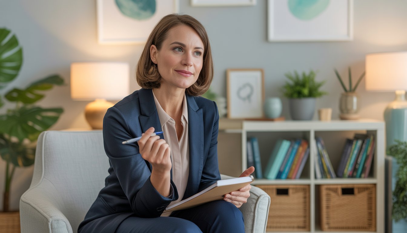A female therapist sitting in a warmly lit office, holding a notepad and pen, with books and plants in the background.