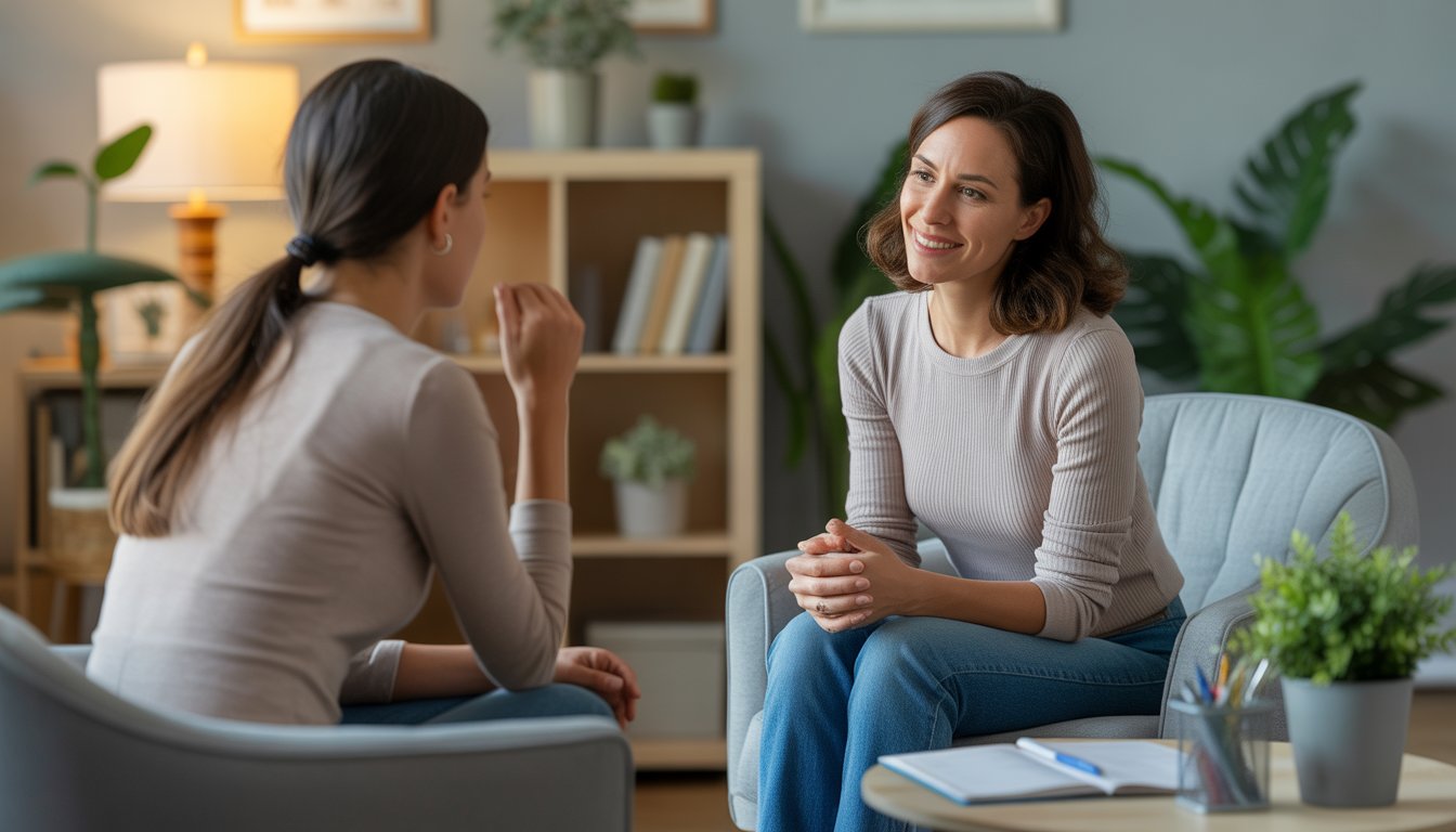A female therapist attentively listening to a female client in a bright, comfortable therapy office.