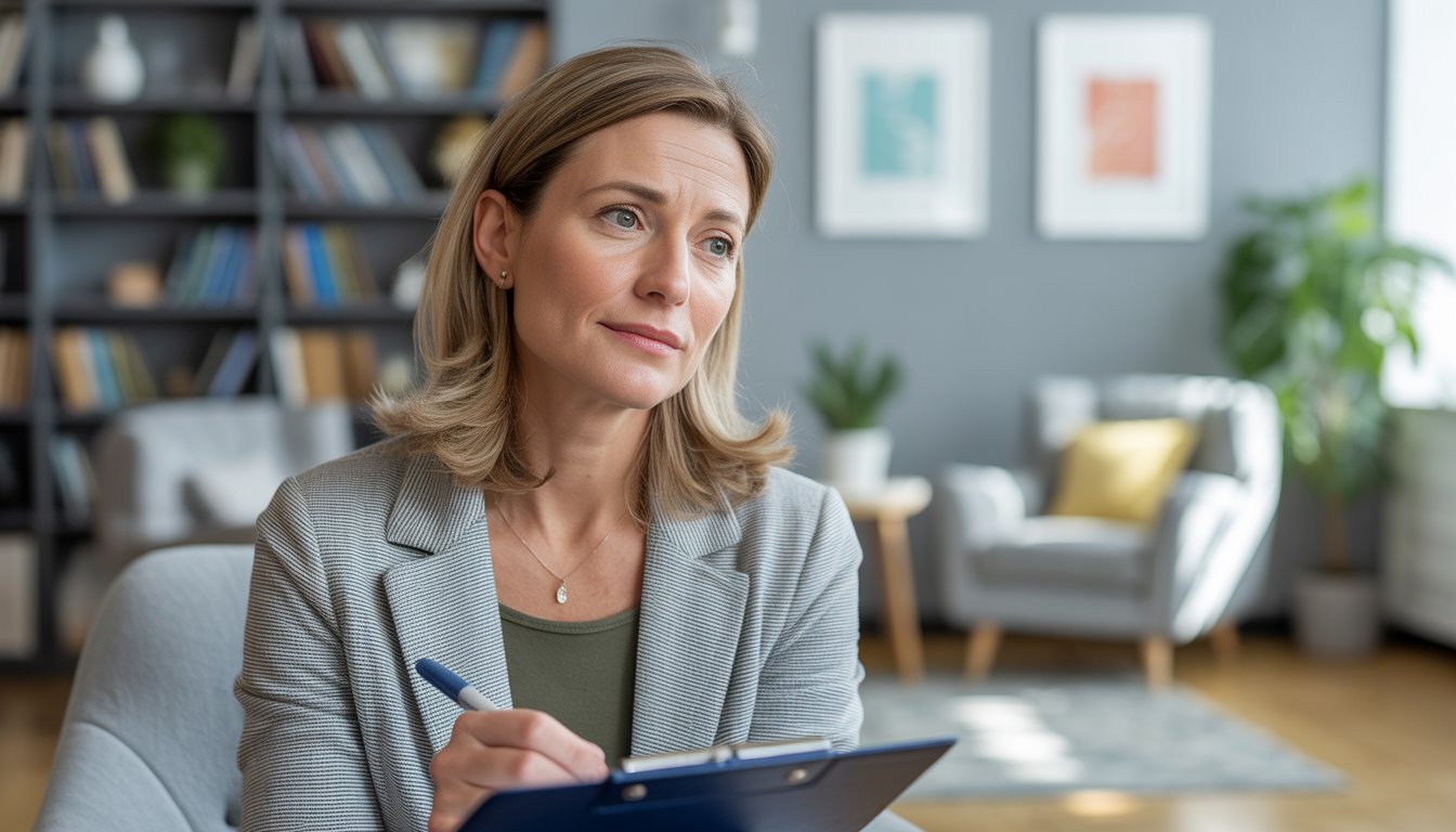 A female psychologist sitting in a cozy therapy office, attentively listening and taking notes.
