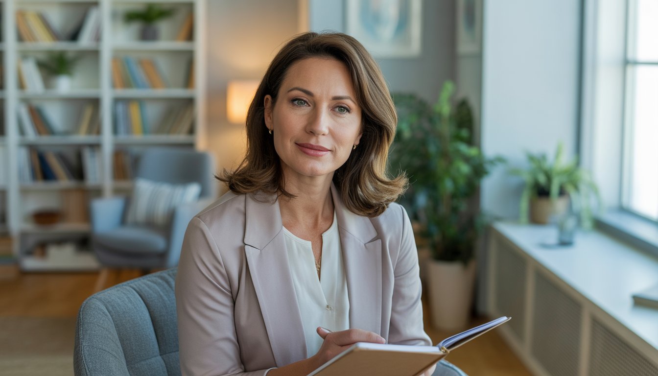 A female clinical psychologist sitting in a bright, modern office with bookshelves and plants, looking attentive and approachable.