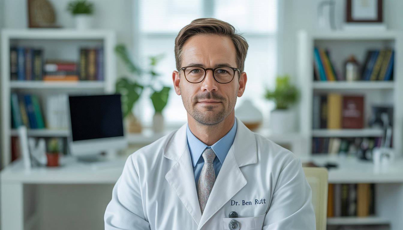 Middle-aged male neuropsychologist in a white lab coat sitting in a modern office with bookshelves and a computer.