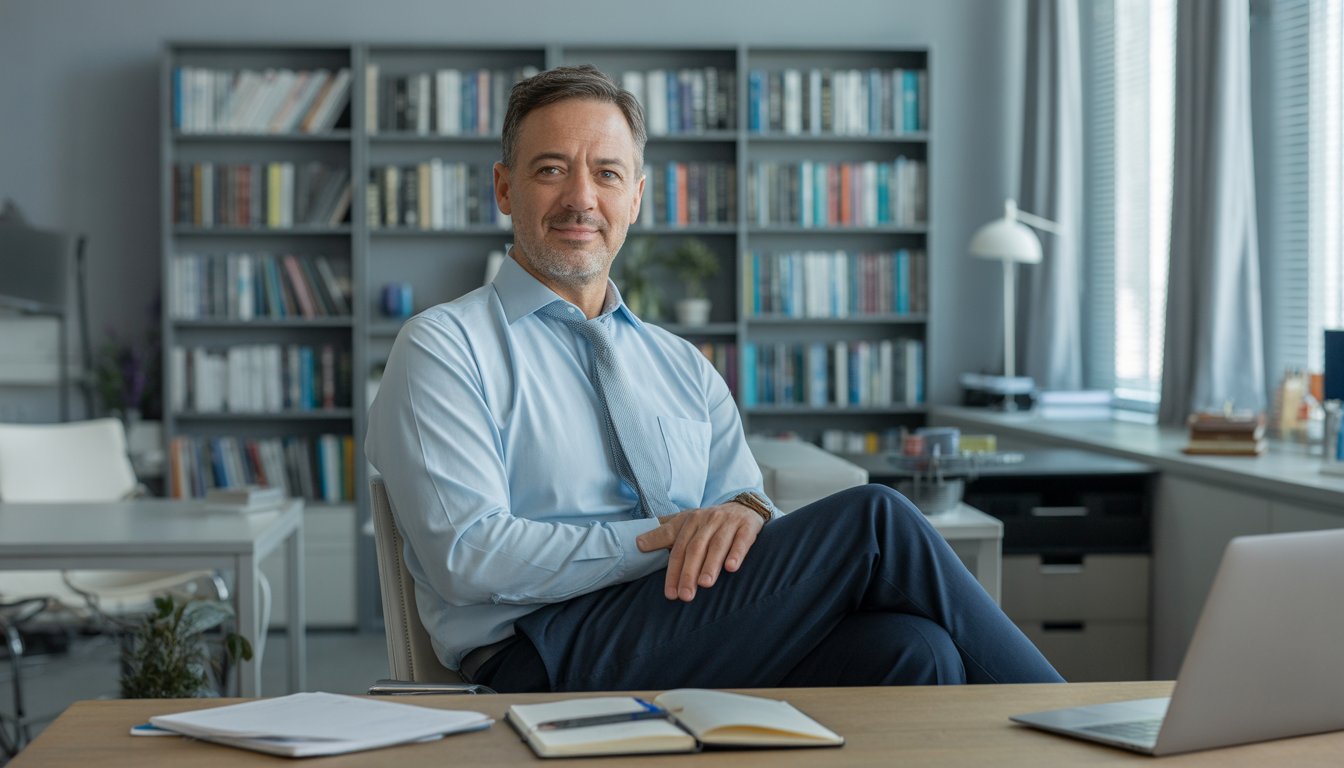 A middle-aged male clinical social worker sitting in a modern office with bookshelves and a laptop, looking approachable and calm.