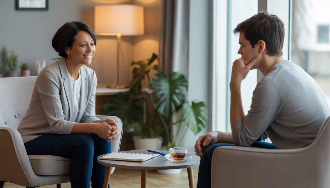 A therapist and a client having a counseling session in a bright, comfortable therapy room.