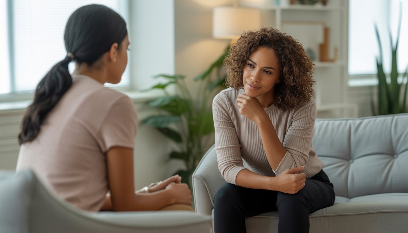 A therapist and client having a calm conversation in a bright, comfortable counseling office.