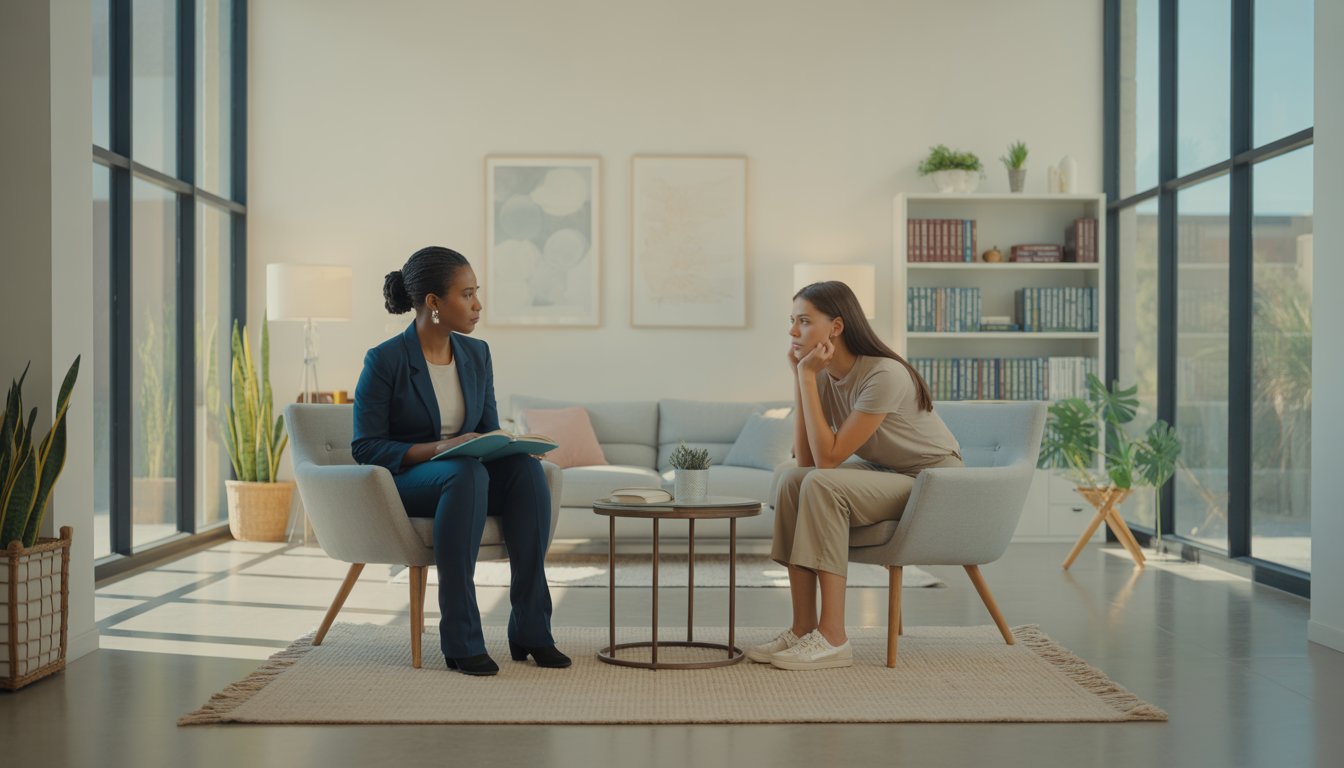 A therapist and client sitting in a bright therapy office, engaged in a supportive conversation.