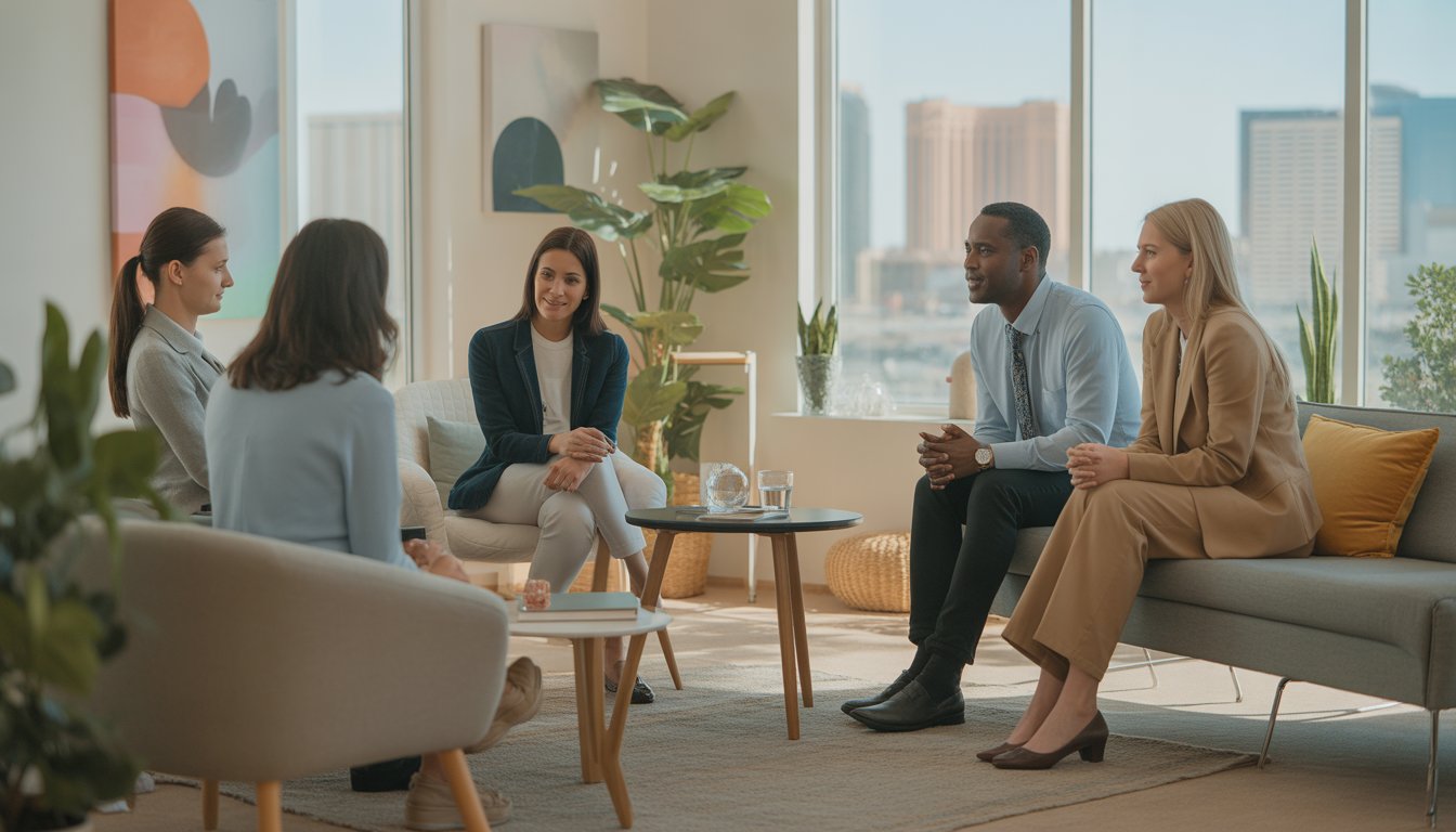A bright therapy office with therapists and clients having a supportive conversation, with a cityscape view of Las Vegas in the background.