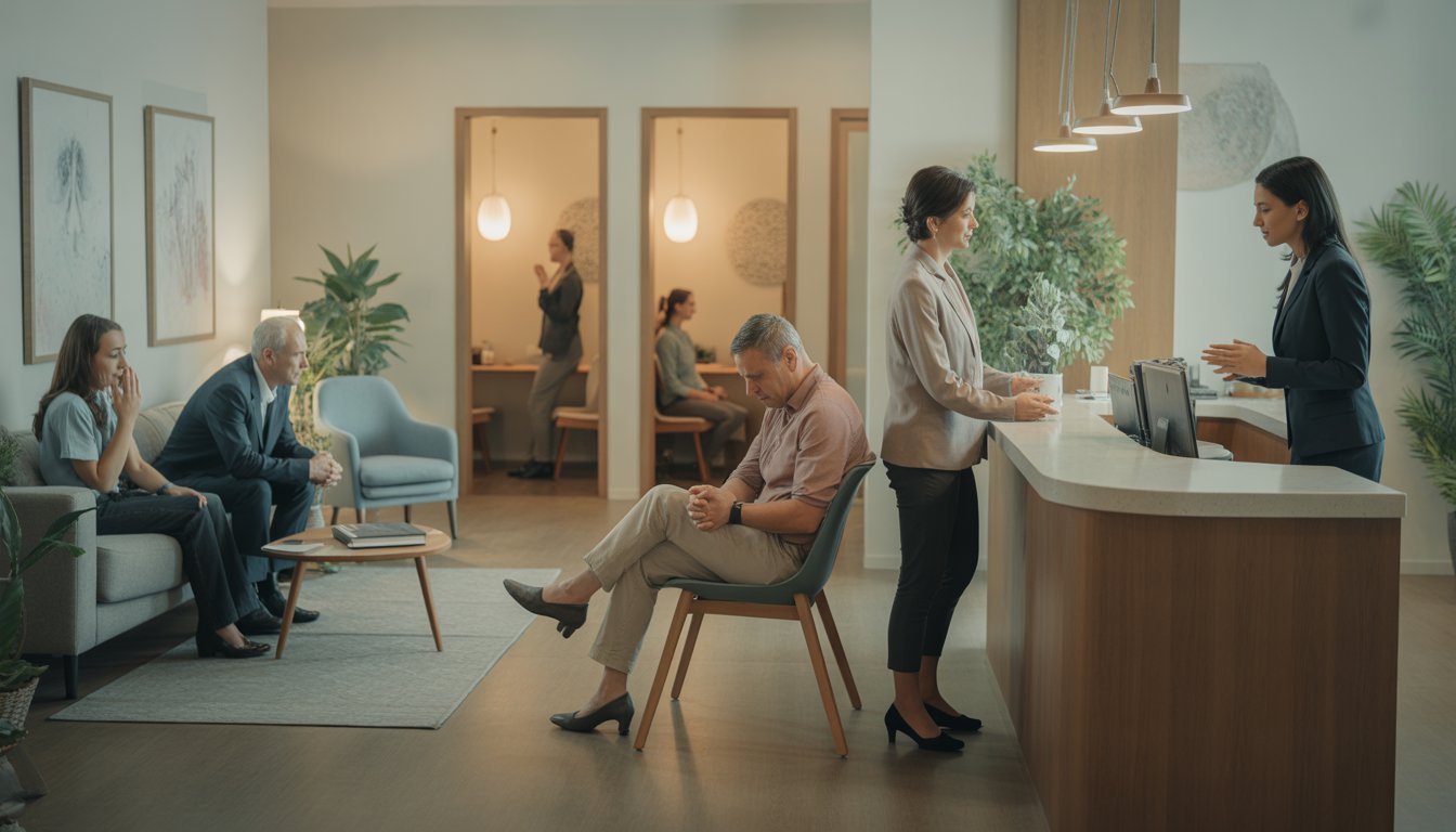 A welcoming mental health clinic reception area with a friendly receptionist and diverse clients, with therapists talking in private rooms in the background.