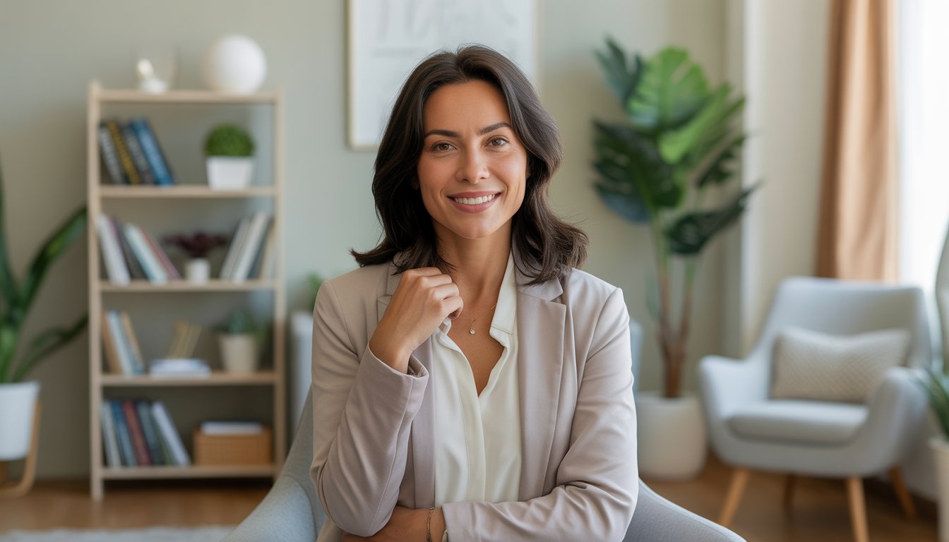 A female therapist sitting in a bright, comfortable office with books and plants, looking calm and approachable.