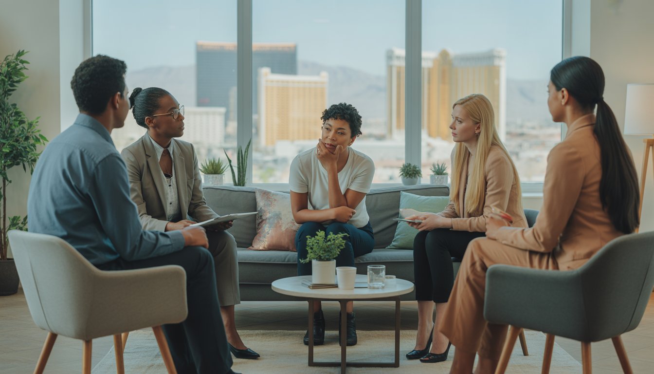 A therapist talking with a thoughtful client in a bright, comfortable therapy office with a city skyline visible through the window.