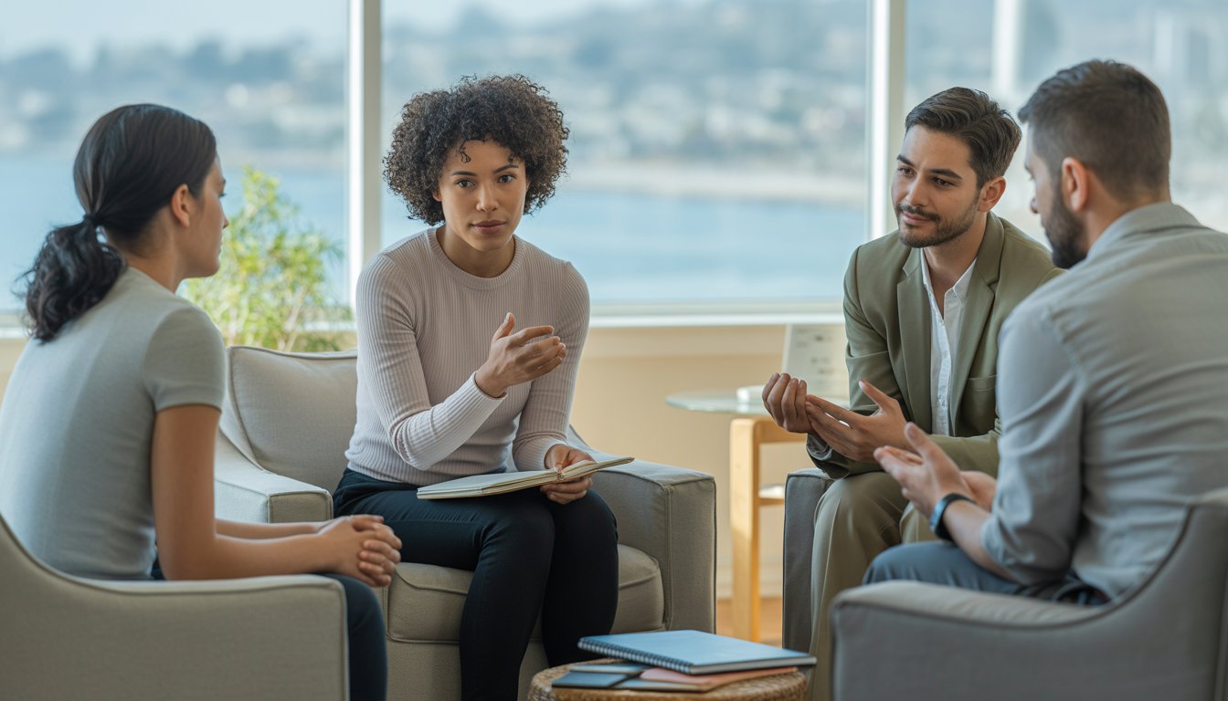 A therapist and client having a supportive conversation in a bright, modern therapy office with a view of a coastal city.