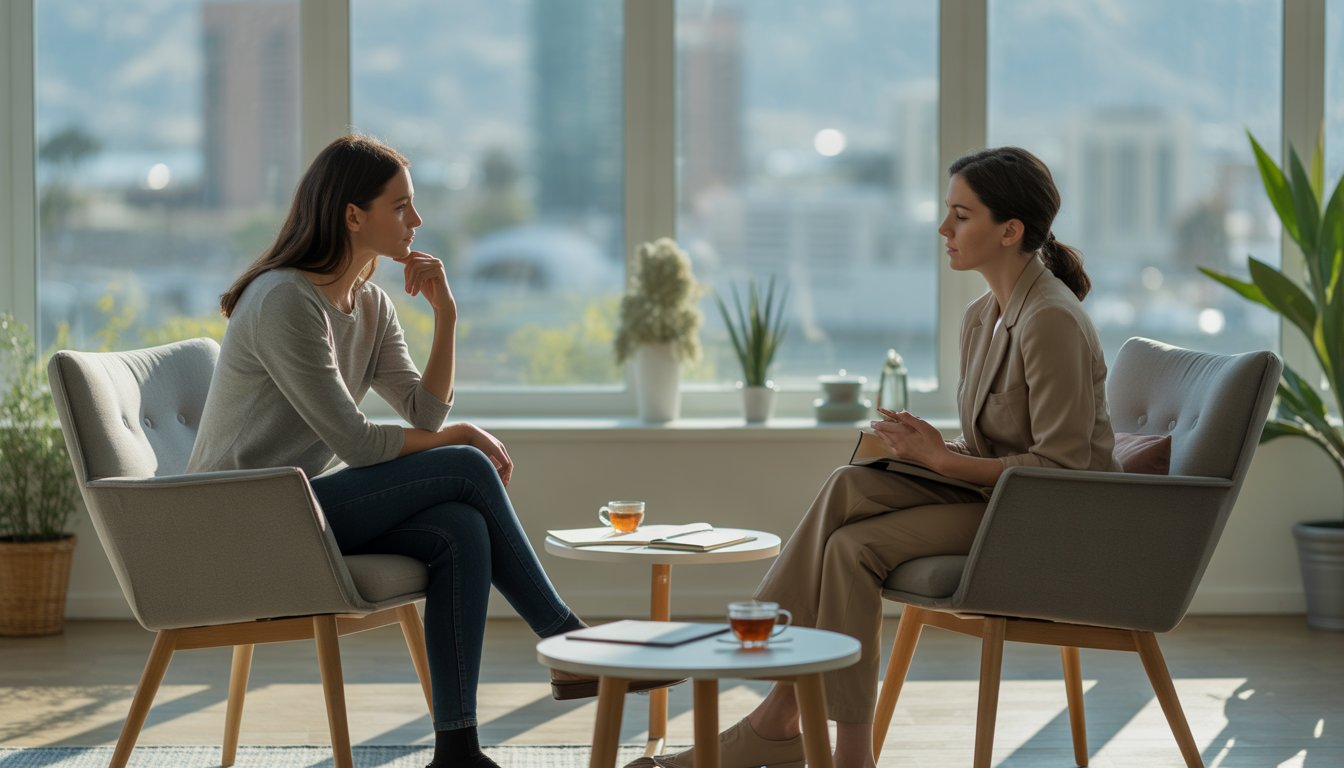 A therapist and client having a focused conversation in a bright, modern office with large windows and plants.