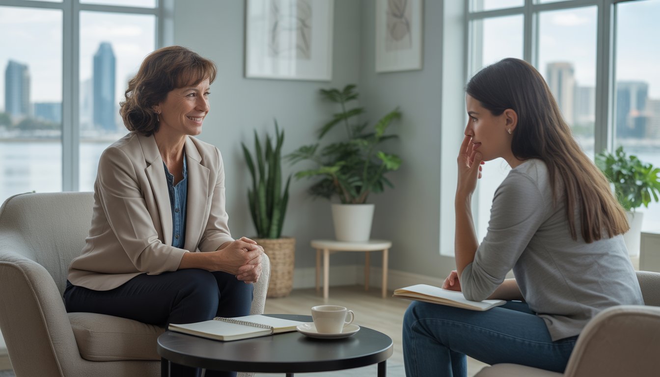 A therapist attentively listening to a young adult client in a bright, calming therapy office with a view of the San Diego skyline.