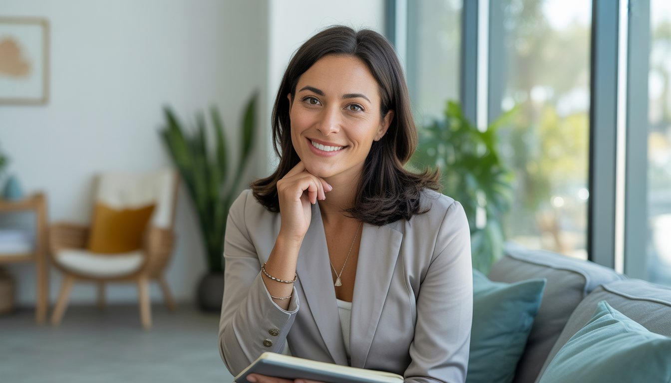 A female therapist sitting in a bright, modern office with plants and natural light, smiling gently and holding a notebook.