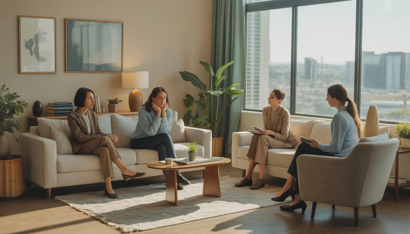 Therapists talking with a thoughtful client in a bright, comfortable therapy office with plants and city views.