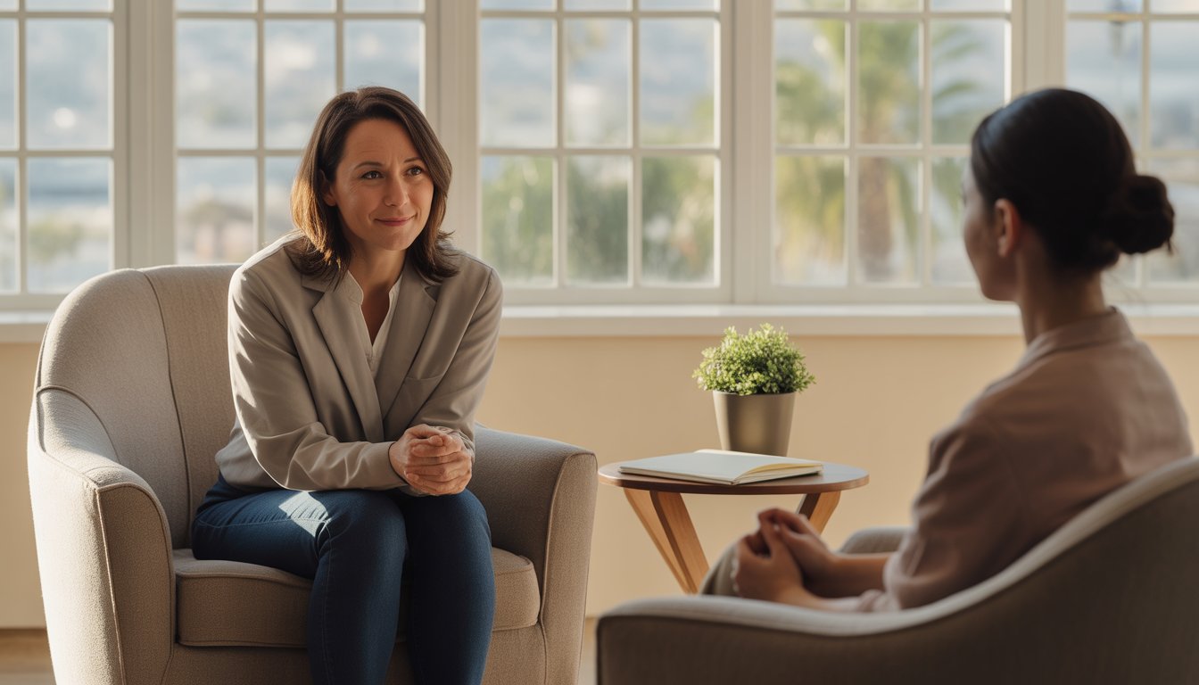 A female therapist attentively listens to a client in a bright, comfortable therapy office with a view of San Diego city and palm trees.