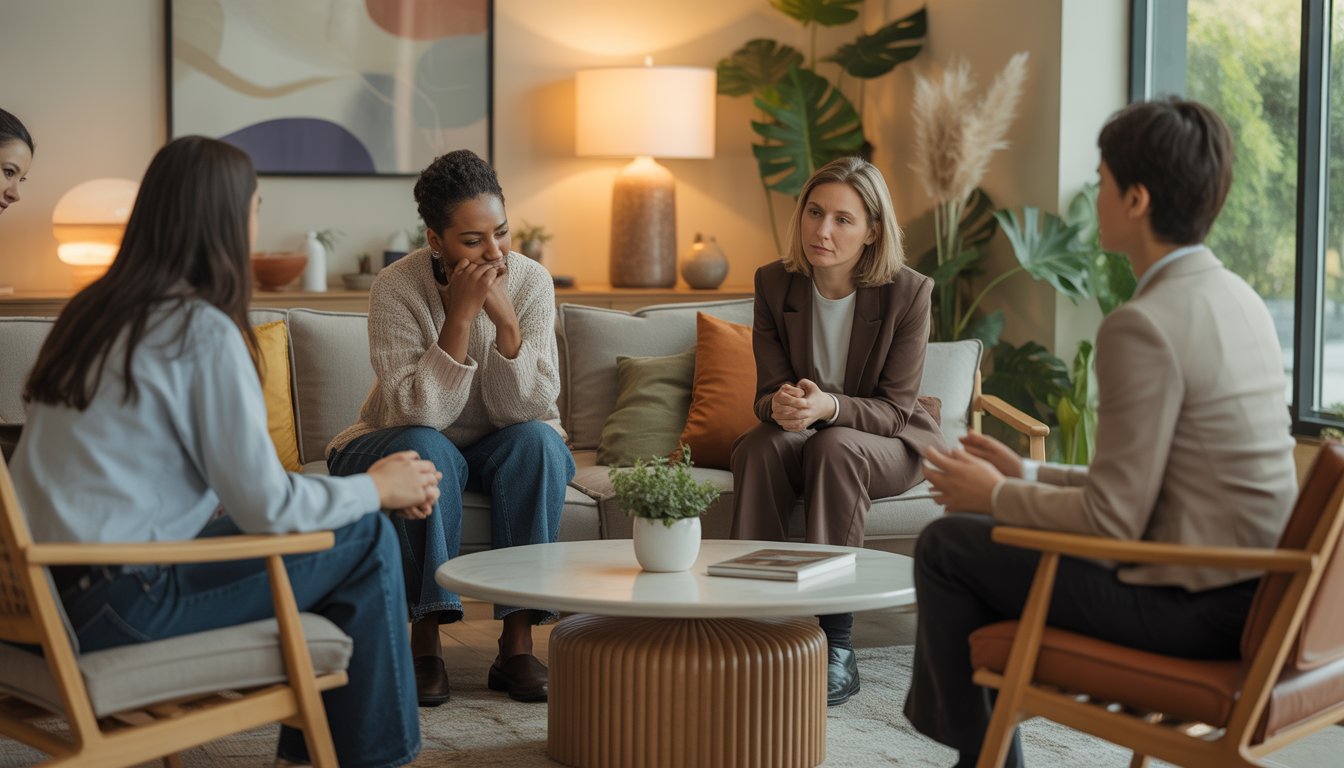A warm therapy center reception with people having a calm and supportive conversation in a cozy, modern room.