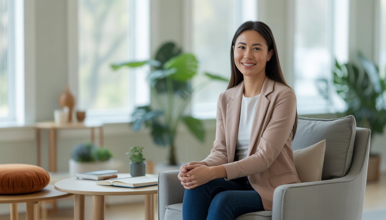 A calm Asian woman sitting in a bright therapy office with natural light and plants, smiling warmly.