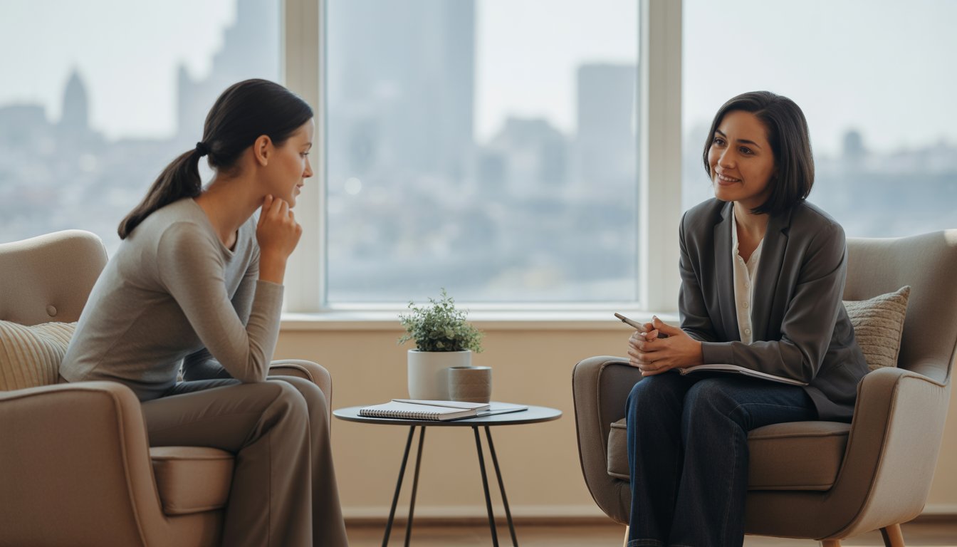 A female therapist attentively listening to a client in a cozy therapy office with large windows overlooking a city.