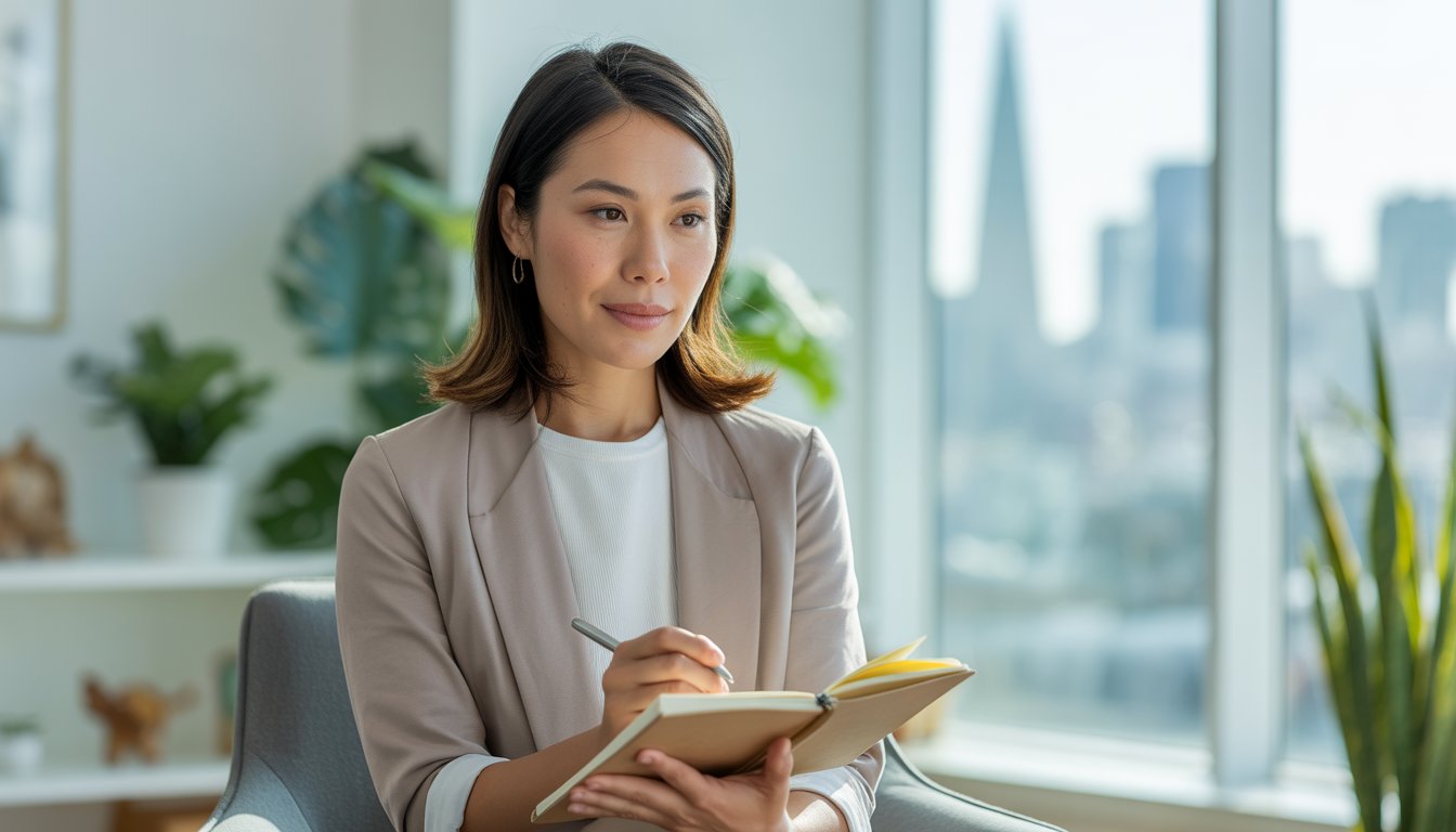 An Asian woman sitting in a bright therapy office with a notebook, looking calm and focused.