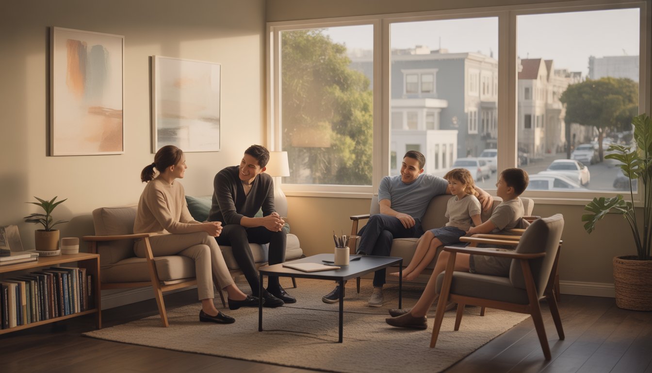 A therapist talking supportively with an individual client in a comfortable office, with a diverse family seated nearby, in a bright room with large windows and calming decor.