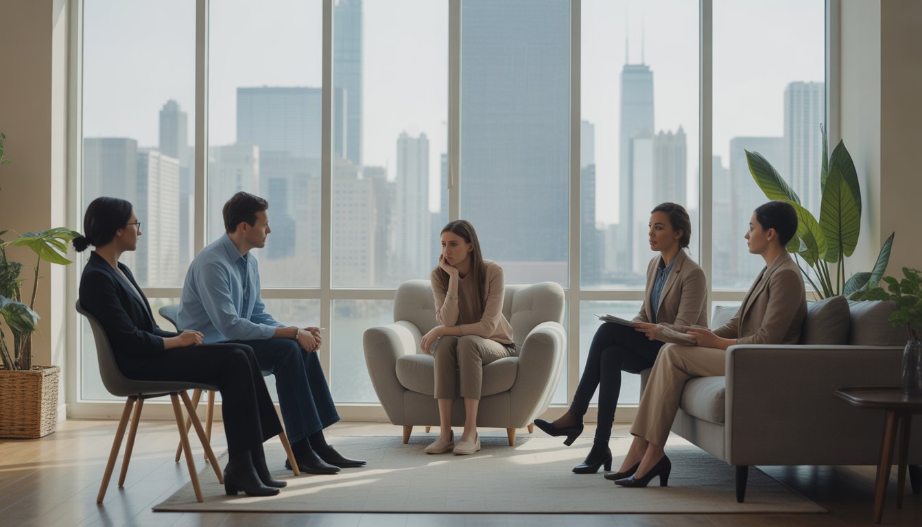 Therapists talking with a thoughtful client in a bright, comfortable counseling office with a view of the Chicago skyline.