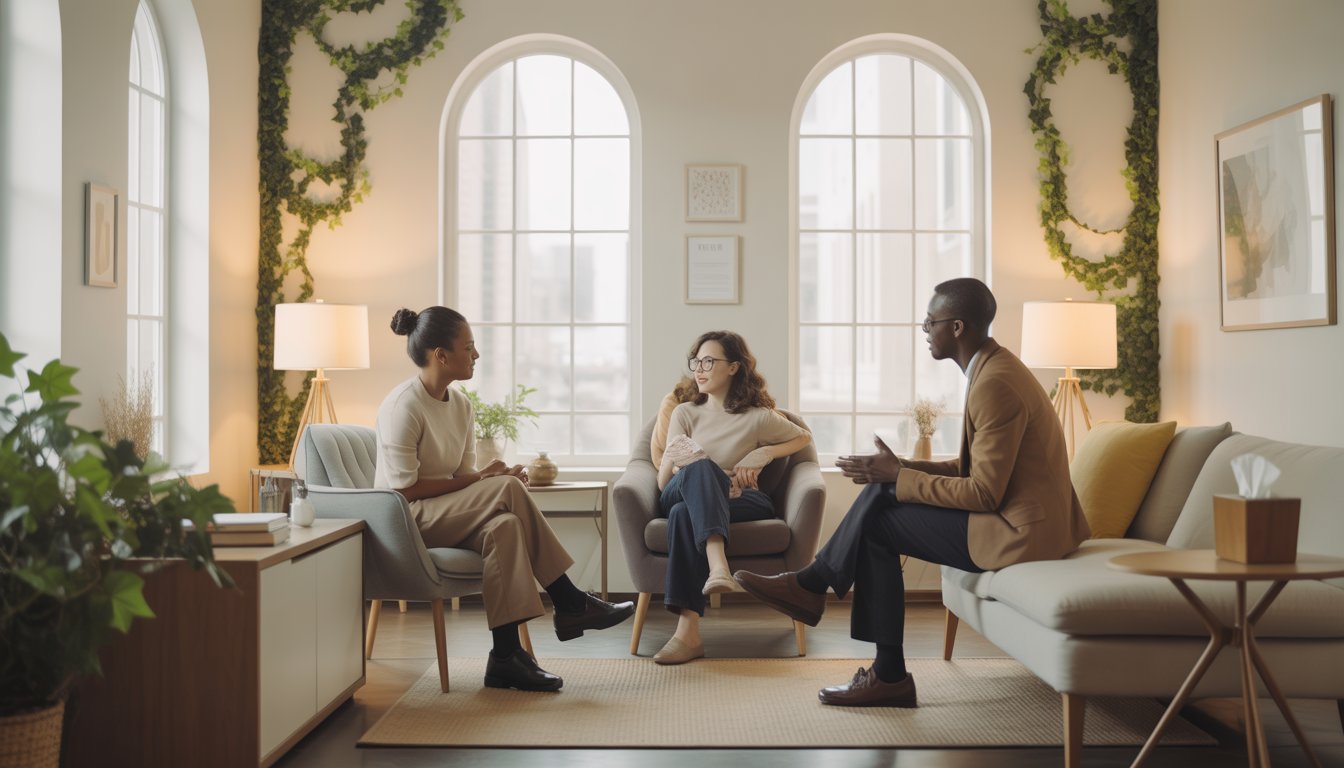 Two therapists talking supportively with a client in a bright, comfortable counseling room decorated with ivy plants and natural light.