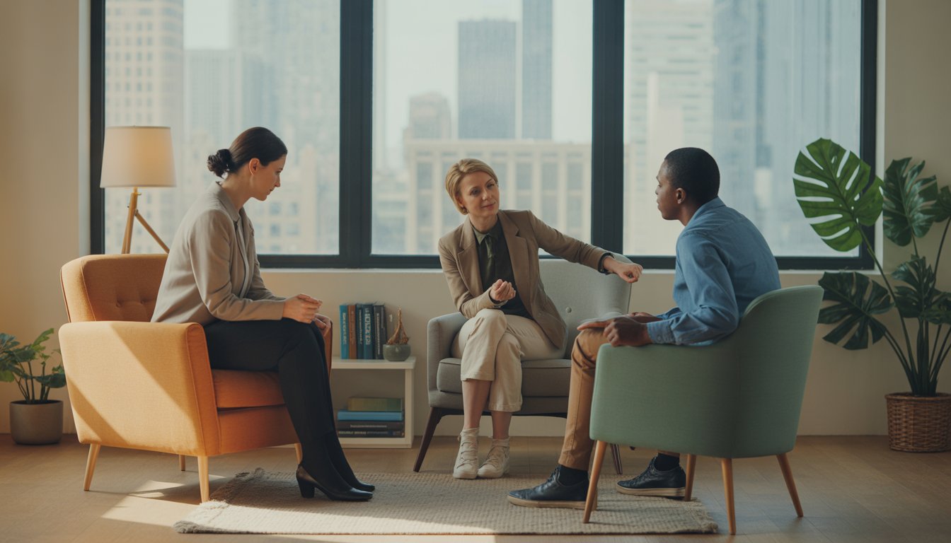 Two therapists talking with a client in a calm, modern therapy office with large windows showing a city view.