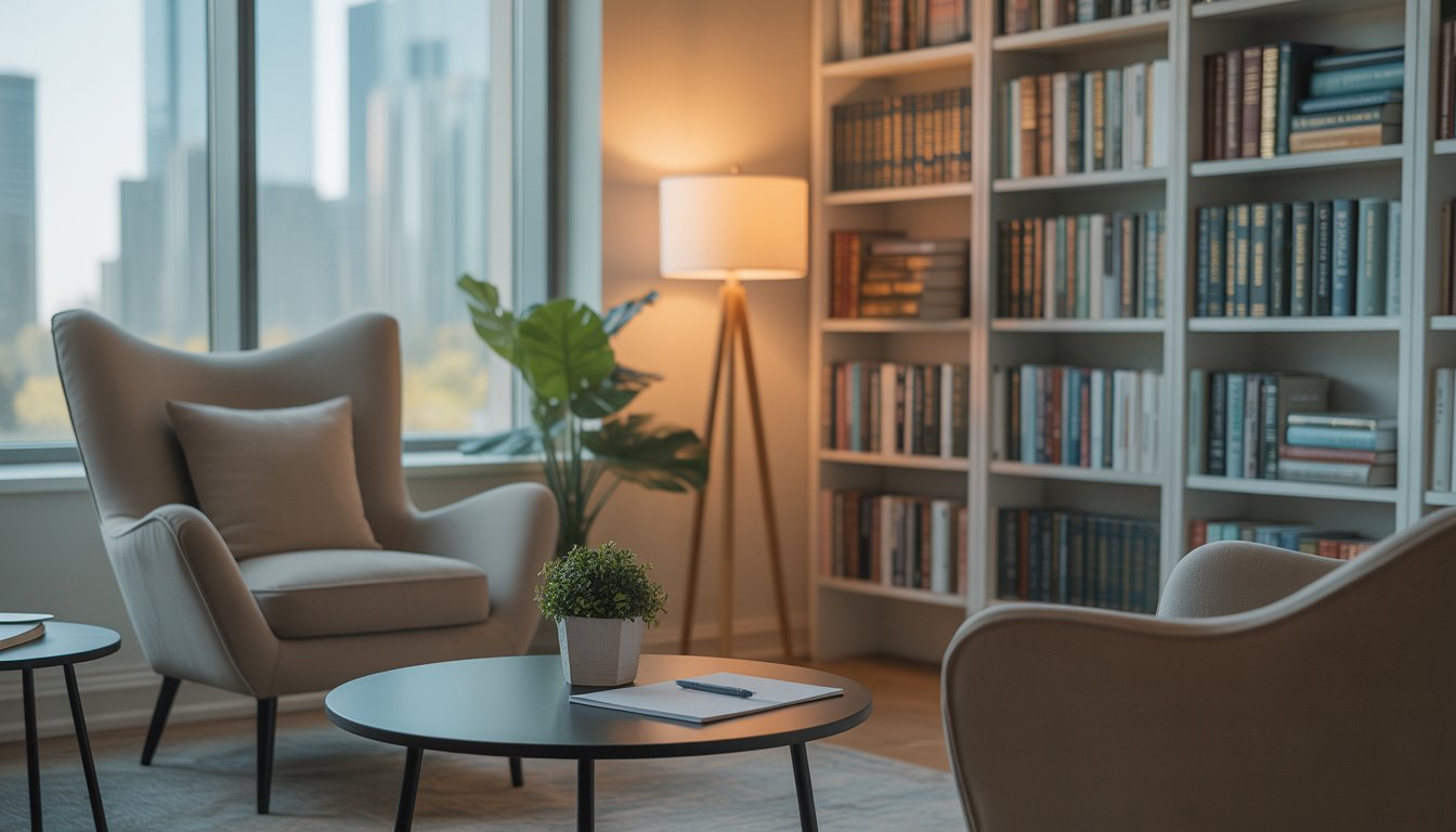 A calm therapy office with comfortable seating, a bookshelf, and a window showing a city view.