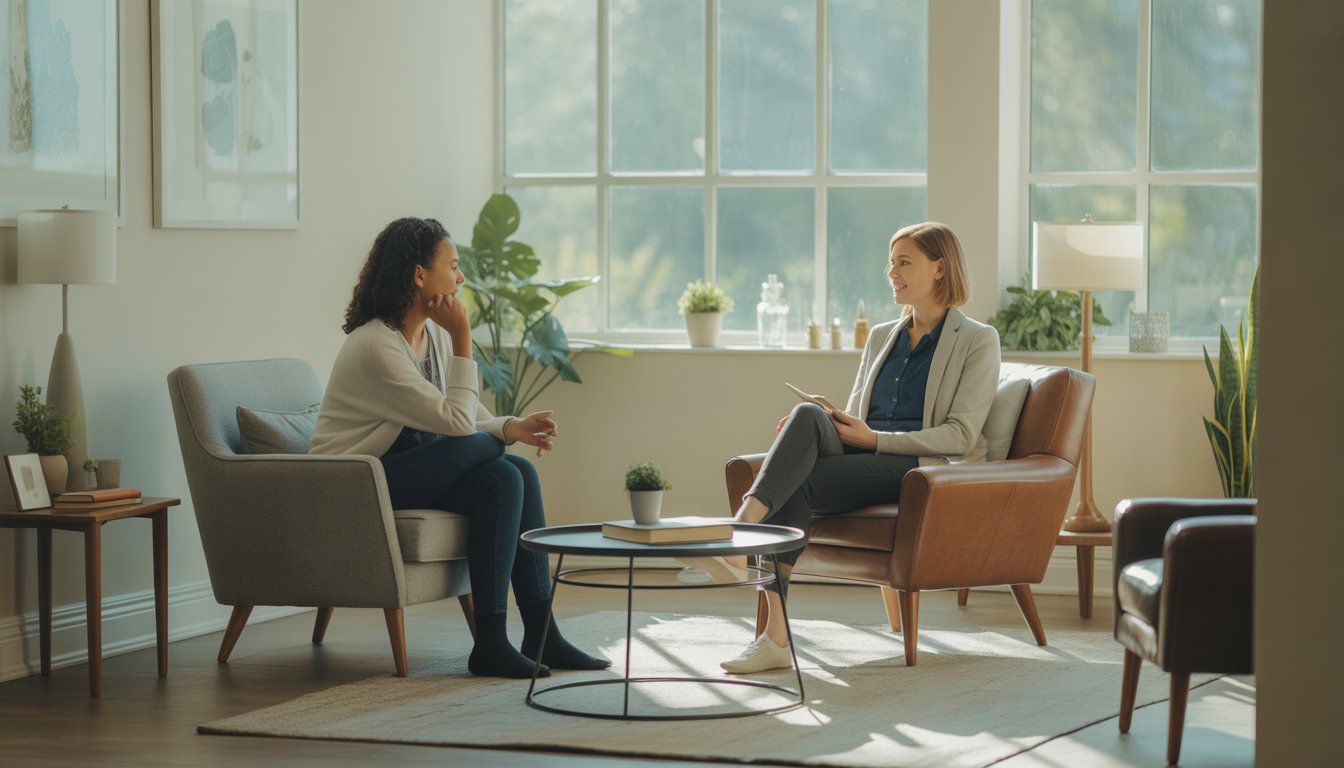 A therapist and client having a calm conversation in a bright, comfortable therapy office with natural light and plants.