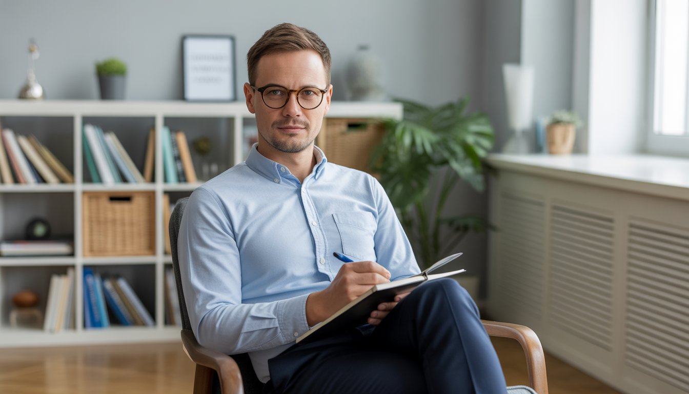 A male therapist sitting in a modern office, holding a notepad and pen, looking attentive and approachable.