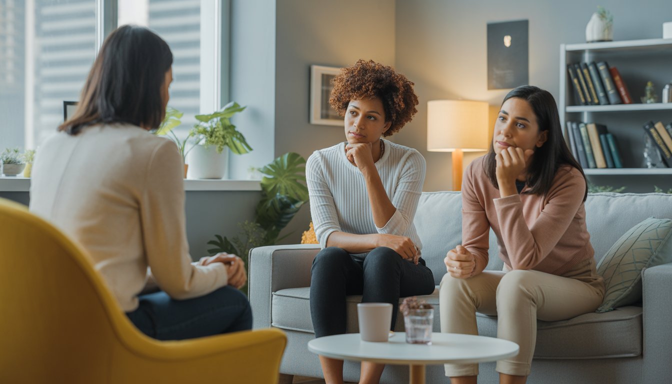 A therapist attentively listening to a client in a bright, comfortable counseling office with plants and a window showing a city view.