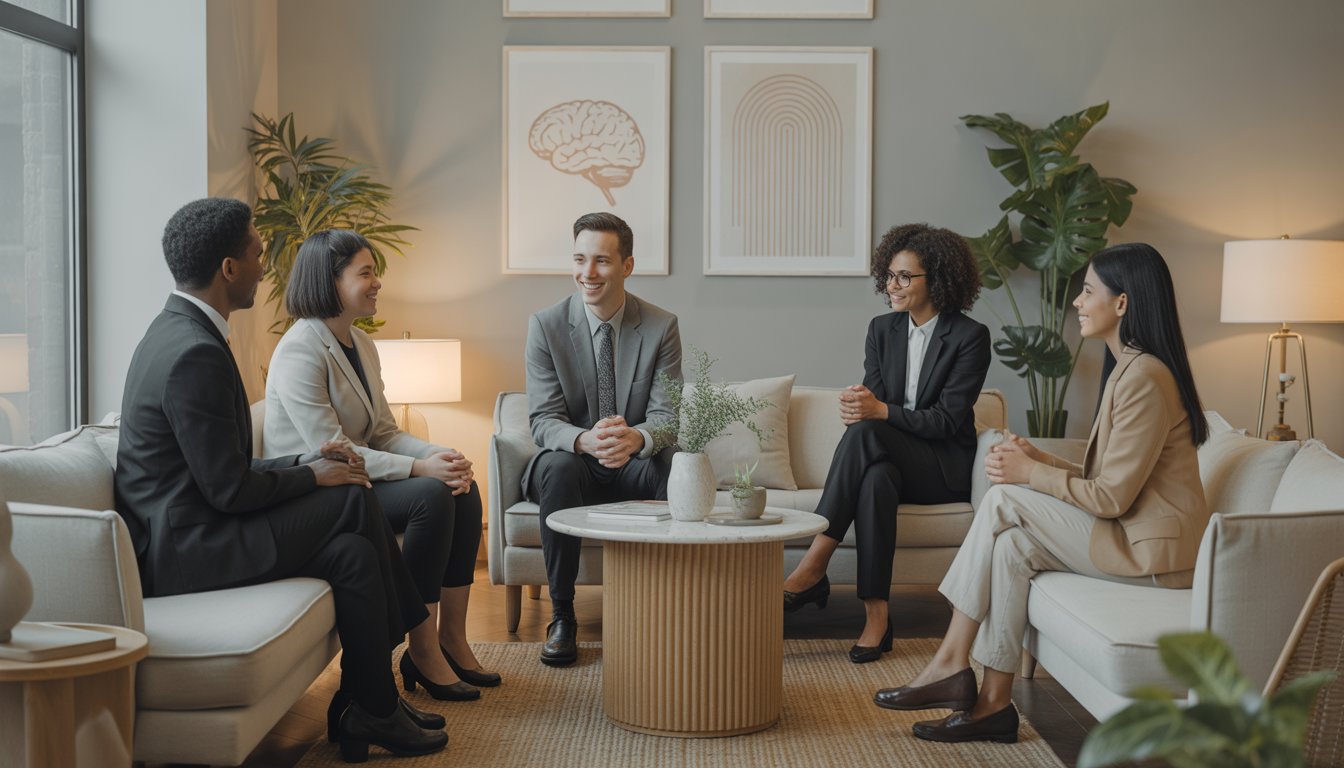 A welcoming therapy center reception area with therapists talking and calming decor.