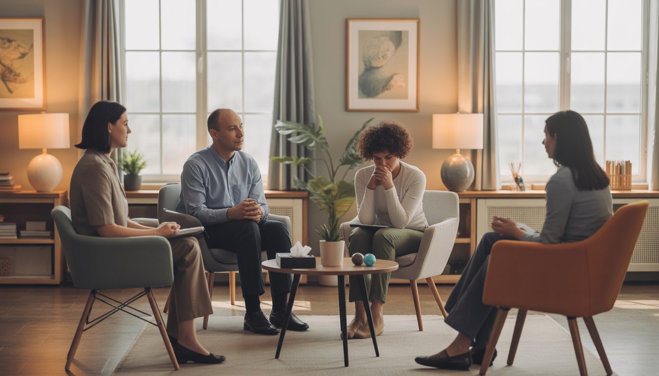 Therapists and clients in a warm, comfortable therapy room engaged in a supportive session.