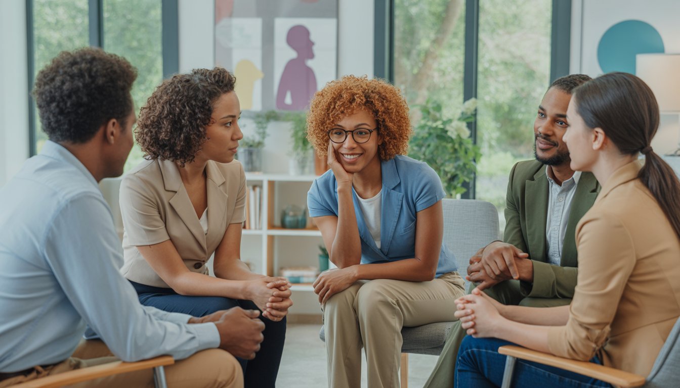 A diverse group of therapists having a supportive discussion in a bright, welcoming office.