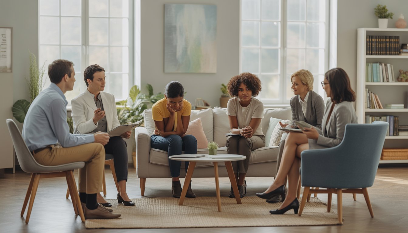 A group of people and therapists in a bright, comfortable counseling office engaged in a supportive therapy session.