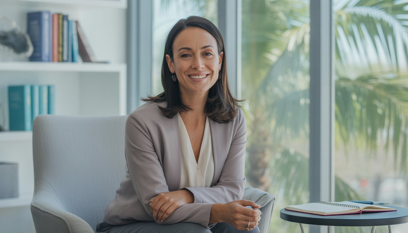 A female psychotherapist sitting in a bright office with bookshelves and windows showing palm trees outside.