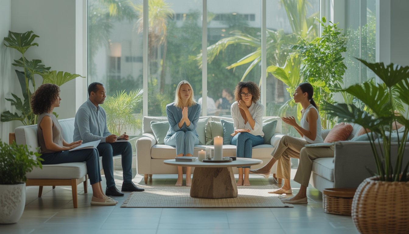 A bright and peaceful counseling center reception area with therapists and clients practicing mindfulness and emotional regulation exercises.