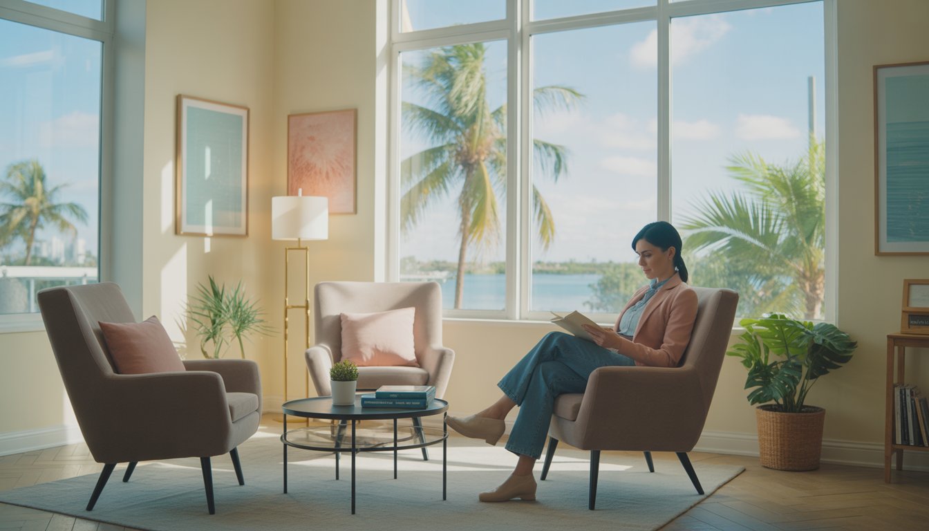 A therapist and client having a counseling session in a bright, comfortable office with large windows showing palm trees outside.
