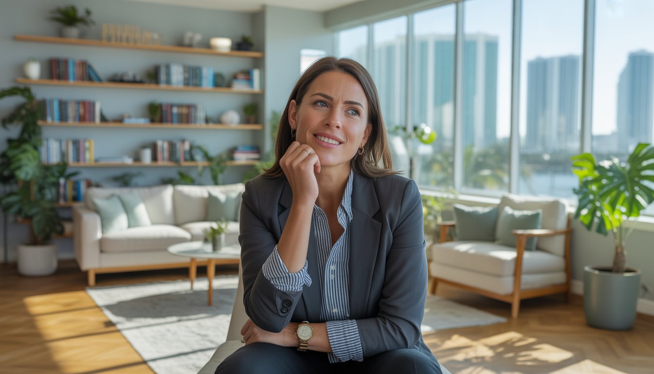A female therapist sitting in a bright office with large windows showing Miami cityscape, surrounded by bookshelves and plants.