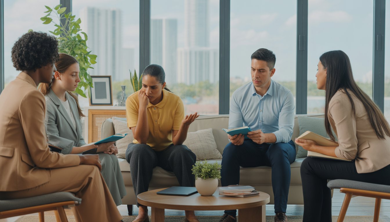 Therapists and clients in a bright counseling office having a supportive therapy session focused on impulse control.