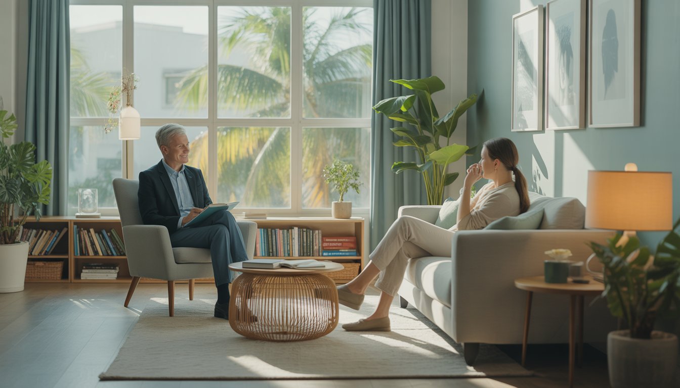 A therapist and client having a conversation in a bright, comfortable therapy office with palm trees visible outside the window.